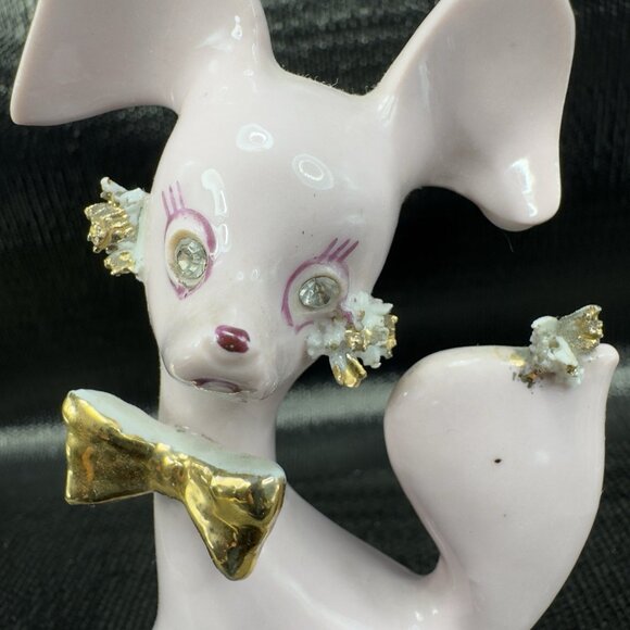 Thames Pink Ceramic Poodle Figurines Gold Bows Rhinestone Eyes Spaghetti Set 3 - Picture 2 of 15